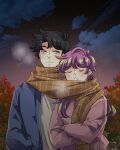  1boy 1girl black_hair blonde_hair blue_jacket blush breath brown_scarf closed_eyes commentary english_commentary gradient_hair jacket john_(unordinary) long_hair looking_at_another messy_hair multicolored_hair open_mouth pink_hair pink_sweater scarf seraphina_(unordinary) shared_clothes shared_scarf shirt short_hair side_part smile sweater unordinary uruchanofr yellow_eyes 