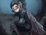  armor black_hair bow_(weapon) cape crossbow crossbow_bolts kneeling league_of_legends lipstick long_hair looking_over_eyewear makeup ponytail red_eyes shauna_vayne solo sunglasses weapon zhainan_s-jun 