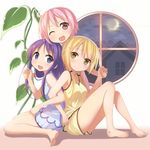  :d ;d bangs bare_arms bare_shoulders barefoot blonde_hair blue_eyes blush chihaya_72 feet hinata_yukari ichii_yui indoors locked_arms long_hair looking_at_viewer multiple_girls nonohara_yuzuko one_eye_closed open_mouth pajamas pink_eyes pink_hair purple_hair round_window short_hair shorts sitting sleeveless smile soles toes v-shaped_eyebrows wariza window yellow_eyes yuyushiki 