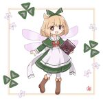  ahoge alice_(kitagawa_suigetsu) apron artist_logo blonde_hair book boots bow bow_hairband bowtie brown_boots brown_eyes capelet collar dress fairy fairy_wings green_bow green_capelet green_dress green_hairband hairband highres holding holding_book kitagawa_suigetsu logo looking_at_viewer open_mouth original pantyhose pink_wings pointy_ears red_bow red_bowtie white_apron white_background white_collar white_pantyhose wings 