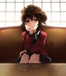  ascot backlighting brown_hair couch hand_on_own_face isolda_gaillard missing_stars reflection school_uniform skirt smile table window yune_(artist) 