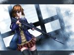  battle_rifle blue_eyes brown_hair drum_magazine eotech gun m14 nawate_(dij) original pleated_skirt rifle school_uniform skirt solo thighhighs trigger_discipline weapon zettai_ryouiki 