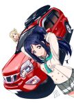  2girls blonde_hair blue_hair buttons car closed_mouth commentary_request cowboy_shot double-breasted dutch_angle green_neckerchief grey_sailor_collar grey_skirt hair_rings jacket long_hair long_sleeves looking_at_viewer love_live! love_live!_sunshine!! matsuura_kanan mistrail motor_vehicle multiple_girls neckerchief nissan nissan_x-trail ohara_mari open_mouth pleated_skirt purple_eyes sailor_collar school_uniform sidelocks simple_background single_hair_ring skirt smile sports_utility_vehicle standing tying_hair uranohoshi_school_uniform white_background white_jacket winter_uniform yellow_eyes 
