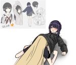  2girls barefoot black_hair black_hoodie blonde_hair blush chinese_commentary cho_kaguya-hime! commentary_request groin hood hoodie implied_cunnilingus kaguya_(cho_kaguya-hime!) leaf long_sleeves lying maple_leaf mole mole_under_eye multiple_girls oldgreen148180 on_back one_eye_closed prototype_design reference_inset sakayori_iroha shadow simple_background white_background yuri 