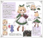  ^_^ alice_(kitagawa_suigetsu) apron blonde_hair blush_stickers book boots bow bow_hairband bowtie brown_boots brown_bow brown_eyes capelet character_profile closed_eyes collar commentary_request dress fairy fairy_wings from_behind green_bow green_capelet green_dress green_hairband hairband highres holding holding_book kitagawa_suigetsu mini_person minigirl open_mouth original photo_inset pink_wings pointy_ears red_bow red_bowtie smile socks waist_bow white_apron white_bow white_collar white_socks wings 