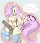  2014 animal_genitalia anthro anthrofied balls breasts collar cutie_mark dialog dickgirl english_text equine fluttershy_(mlp) friendship_is_magic hair horsecock intersex leash mammal my_little_pony pegasus penis slendidnt solo text wings 