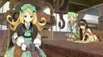  atelier_(series) atelier_shallie black_hair blonde_hair blue_shirt bow bowtie capelet cravat expressionless flipped_hair gloves green_eyes green_hair green_skirt hair_bow hairband hammer hidari_(left_side) leaning_forward long_hair miruca_crotze multiple_girls official_art red_eyes shallistera_(atelier) shallotte_elminus shirt short_hair skirt smile 