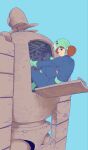  1girl absurdres aqua_boots aqua_gloves aqua_helmet aruga_teruto black_bodysuit blue_background bodysuit boots breasts brown_hair closed_mouth commentary_request creator_connection crossover gloves helmet highres kaze_no_tani_no_nausicaa knees_up laputa_robot leaning_back looking_at_viewer looking_to_the_side mecha medium_breasts medium_hair nausicaa propeller purple_eyes robot simple_background sitting smile tenkuu_no_shiro_laputa turning_head 