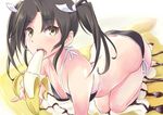  all_fours arched_back arm_support banana bikini black_bikini black_hair blush chocolate_syrup crepe food fruit hair_ribbon highres kantai_collection looking_at_viewer open_mouth ribbon sexually_suggestive short_twintails side-tie_bikini solo swimsuit twintails wa_(genryusui) yellow_eyes zuikaku_(kantai_collection) 