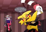  2026 absurd_res adopted_(lore) adopted_daughter_(lore) adoptive_father_(lore) after_transformation alternate_species anthro avian avian_demon beak beanie bird blitzo_(helluva_boss) blush blush_stickers book ceiling_tiles clothed clothed_anthro clothed_female clothed_humanoid clothed_male clothing daughter_(lore) demon detailed_background dialogue dipstick_ears door ear_markings english_text eyebrow_piercing eyes_closed facial_piercing father_(lore) father_and_child_(lore) father_and_daughter_(lore) feather_hair feathers female feral fur generation_1_pokemon group hair hat headgear headwear hellaverse helluva_boss hi_res holding_book holding_laugh holding_object horn hug humanoid imp inside long_hair loona_(helluva_boss) male markings multicolored_ears nintendo octavia_(helluva_boss) owl owl_demon parent_(lore) parent_and_child_(lore) parent_and_daughter_(lore) piercing pikachu pink_clothing pink_sclera pink_shirt pink_topwear pokemon pokemon_(species) pseudo_hair red_body red_skin shirt smile star_pattern starpaintart striped_horn striped_wall stripes text topwear trio white_eyes white_face white_markings yellow_body yellow_fur 