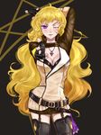  blonde_hair bn_lorrie breasts cleavage finger_gun fingerless_gloves garter_straps gloves highres jewelry large_breasts long_hair necklace one_eye_closed purple_eyes rwby solo thighhighs very_long_hair yang_xiao_long 