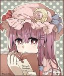  artist_name bad_id bad_twitter_id book bow capelet character_name crescent face hair_bow hair_ornament hairclip hat hat_bow henki_(orange) long_hair looking_at_viewer mob_cap open_book patchouli_knowledge polka_dot polka_dot_background portrait purple_eyes purple_hair simple_background solo touhou 