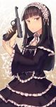  bad_id bad_pixiv_id bangs black_hair blunt_bangs capelet dress floral_background gun handgun highres long_hair long_sleeves looking_at_viewer luger_p08 original red_eyes solo trigger_discipline type-alpha weapon 