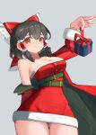  1girl alternate_costume belt bow brown_hair christmas closed_mouth coat commentary dress english_commentary frilled_bow frilled_hair_tubes frills fur-trimmed_dress fur_trim gift green_belt green_coat grey_background hair_bow hair_tubes hakurei_reimu highres hirachill16 holding holding_gift long_hair looking_at_viewer multicolored_coat open_clothes open_coat red_bow red_coat red_dress red_eyes santa_costume santa_dress simple_background smile solo strapless strapless_dress thighs touhou two-tone_coat 