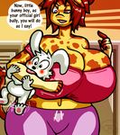  anthro big_breasts blush breasts cleavage clothed clothing english_text female giraffe huge_breasts lagomorph luigi64 male mammal rabbit text 