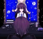  2girls :| arster blonde_hair blue_bow blue_necktie book book_stack bow brown_eyes brown_hair chair closed_mouth collared_shirt cup drinking_glass drugs four-pointed_star hair_bow heterochromia highres holding_another's_hair long_hair maribel_hearn mirror missing_headwear multiple_girls necktie pill purple_eyes shirt sitting smile solo_focus star-shaped_pupils star_(symbol) symbol-shaped_pupils syringe touhou usami_renko very_long_hair white_shirt wine_glass 