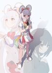  1girl absurdres animal_ears black_hair boots bow bowtie brooch closed_mouth commentary_request confetti fake_animal_ears flat_chest granblue_fantasy grey_hair hairband hairy highres holding holding_microphone jacket jewelry layered_skirt looking_at_viewer microphone mouse_ears petticoat pigking_luneth pink_thighhighs projected_inset red_eyes short_hair short_sleeves sidelocks skirt smile standing thighhighs vikala_(granblue_fantasy) vikala_(parade_master)_(granblue_fantasy) white_boots white_jacket 