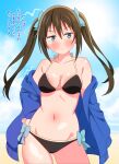  1girl absurdres armpit_crease ass_visible_through_thighs bare_shoulders beach bikini black_bikini blue_eyes blue_jacket blue_ribbon blue_sky blush breasts brown_hair cleavage cloud commentary_request hair_ribbon hand_on_own_hip highres jacket jacket_partially_removed legs_apart long_hair looking_at_viewer love_live! love_live!_nijigasaki_high_school_idol_club medium_breasts navel osaka_shizuku pout ribbon shinonome_sakura sky solo stomach swimsuit translation_request twintails 