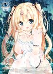  blonde_hair blue_eyes blush breasts camisole cleavage hair_ribbon interlocked_fingers kamiya_maneki lace lace-trimmed_thighhighs large_breasts long_hair looking_at_viewer original partially_submerged ribbon sitting solo thighhighs two_side_up water white_legwear 