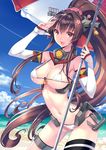  alternate_costume bare_shoulders beach bikini blush breasts brown_eyes brown_hair cherry_blossoms cleavage cloud day detached_sleeves flower hair_flower hair_ornament kantai_collection large_breasts long_hair looking_at_viewer micro_bikini navel nishimura_eri open_mouth outdoors ponytail salute single_thighhigh sky smile solo strap_gap swimsuit thighhighs umbrella very_long_hair water yamato_(kantai_collection) 