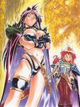  90s araizumi_rui armlet armor belt bikini blue_eyes blush breasts cape circlet cleavage crossed_arms earrings gloves hand_on_hip jewelry large_breasts lina_inverse long_hair multiple_girls naga_the_serpent orange_hair outdoors purple_hair red_eyes sheath slayers smile spandex swimsuit sword thigh_strap tree weapon 