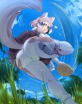  1girl animal_ear_fluff animal_ears ass ass_focus blue_eyes blush dog_(mixed_breed)_(kemono_friends) dog_ears dog_girl dog_tail elbow_gloves frisbee from_behind from_below gloves grey_hair heart heterochromia highres jacket kemono_friends kemono_friends_3 kemonokiller multicolored_hair open_mouth short_hair skirt smile solo tail two-tone_hair white_hair yellow_eyes 