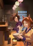  2girls absurdres air_shakur_(umamusume) alternate_costume animal_ears bowl bracelet bread bread_slice brown_hair cai_ji_(user_jmrv4342) ceiling_light clover_hair_ornament collared_dress commentary_request cup drawstring dress drink drinking_glass ear_ornament eating egg_(food) fine_motion_(umamusume) food food_in_mouth from_side grey_hair hair_between_eyes hair_ornament handkerchief highres holding holding_handkerchief hood hood_down hoodie horse_ears indoors jewelry long_hair long_sleeves looking_ahead looking_at_another meat multicolored_hair multiple_girls outstretched_arm parted_lips pendant purple_hoodie sparkling_eyes steam two-tone_hair umamusume upper_body v-neck yellow_dress yellow_eyes 