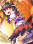  bent_over black_hair dress fang fun_bo horns kijin_seija multicolored_hair open_mouth print_dress puffy_short_sleeves puffy_sleeves red_eyes revision sash short_sleeves solo streaked_hair touhou upskirt 