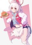  1girl absurdres alternate_costume animal_ears apron blue_hoodie burger commentary_request cropped_hoodie fake_animal_ears food granblue_fantasy grey_hair highres holding holding_plate hood hoodie jacket letterman_jacket long_sleeves looking_at_viewer loose_socks midriff mouse_ears name_tag navel open_clothes open_jacket open_mouth pigking_luneth plate red_eyes red_jacket shoes short_hair short_shorts shorts smile socks solo sparkle standing standing_on_one_leg torn_clothes torn_shorts vikala_(granblue_fantasy) visor_cap waist_apron waitress 
