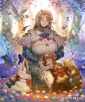 2girls back_bow bear bird blue_bow blue_butterfly bow breasts bug butterfly carrying carrying_person child cleavage commentary_request copyright_name dress flower forest grey_eyes grey_hair headpat huge_breasts ibuki_tsukuba kneeling long_dress long_sleeves looking_at_viewer mature_female motherly_forestdweller multiple_girls nature official_art outdoors pointy_ears rabbit red_bow shadowverse shadowverse:_worlds_beyond smile swept_bangs tree_stump white_headdress 