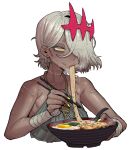  1girl :>= bandaged_wrist bandages bowl bread breasts cheese chinese_spoon chinese_text chopsticks commentary_request dark-skinned_female dark_skin earrings eating ebonyxh egg_(food) eyes_visible_through_hair eylin_eyla_(ebonyxh) food food_focus food_on_face freckles hair_over_one_eye hardboiled_egg highres holding holding_bowl holding_chopsticks holding_food holding_sandwich jewelry jirou_(ramen) lettuce meat noodles noose nori_(seaweed) original ramen ringed_eyes rope_around_neck sandwich scar scar_on_arm scar_on_cheek scar_on_chest scar_on_face scar_on_hand scar_on_neck short_hair simple_background slurping small_breasts softboiled_egg solo spring_onion stud_earrings sweat teeth tongue upper_teeth_only white_background white_hair yellow_eyes yellow_nails 