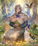  1boy 1girl baby bear bird blue_bow bow breasts bug butterfly carrying carrying_baby carrying_person cleavage commentary_request copyright_name dress flower forest grey_eyes grey_hair huge_breasts ibuki_tsukuba kneeling long_dress long_sleeves looking_at_viewer mature_female motherly_forestdweller nature official_art outdoors pink_butterfly pointy_ears rabbit shadowverse shadowverse:_worlds_beyond smile swept_bangs tree_stump white_headdress 