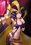  armpits breasts cape center_opening cleavage crystal emilia_leblanc headgear league_of_legends looking_at_viewer medium_breasts midriff navel pink_eyes purple_hair short_hair smile solo staff zhainan_s-jun 