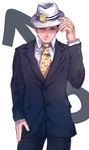  alternate_costume baiyishaonian_huam fedora formal hat higashikata_jousuke_(jojolion) jojo_no_kimyou_na_bouken jojolion male_focus necktie solo suit 
