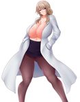  blonde_hair breasts brown_eyes brown_hair glasses hands_in_pockets huge_breasts long_hair looking_at_viewer mole mole_on_breast original pantyhose saogokushi simple_background skirt smile solo teacher thick_thighs thighs white white_background 