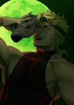  1boy armpits bara birthmark blonde_hair commentary dio_brando fangs fingernails grin headband highres joestar_birthmark jojo_no_kimyou_na_bouken lips lipstick long_fingernails makeup muscular muscular_male ne0ntetra red_eyes sharp_fingernails sleeveless sleeveless_turtleneck smile solo stardust_crusaders stone_mask_(jojo) teeth turtleneck untranslatable_commentary upper_body 