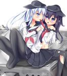  akatsuki_(kantai_collection) black_hair black_legwear blue_eyes blush hat hibiki_(kantai_collection) kantai_collection long_hair mouth_hold multiple_girls na!?_(naxtuyasai) navel neckerchief one_eye_closed pantyhose red_neckwear ribbon ribbon_in_mouth school_uniform serafuku silver_hair sitting skirt torn_clothes torn_legwear yuri 