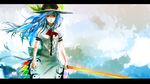  ascot blue_hair blue_sky cloud cloudy_sky food fruit hat highres hinanawi_tenshi letterboxed long_hair looking_at_viewer peach puffy_short_sleeves puffy_sleeves red_eyes serious shirt short_sleeves skirt sky solo sword_of_hisou touhou wallpaper white_shirt yappa_muri 