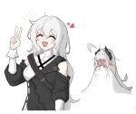  2girls arknights bird_girl black_dress closed_eyes clothing_cutout commentary_request dress grey_hair head_wings heart highres implied_after_sex irene_(arknights) korean_commentary long_hair muge_(aaa1479407) multiple_girls open_mouth sharp_teeth shoulder_cutout simple_background specter_(arknights) specter_the_unchained_(arknights) teeth under_covers v white_background wings yuri 
