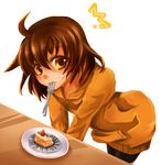  1girl ahoge bike_shorts brown_eyes brown_hair cake caught cream cream_on_face food food_on_face fork fork_in_mouth hood hood_down hoodie linne minatsu_(popsta) orange_shirt shirt short_hair solo under_night_in-birth 