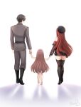  1boy 2girls ass_peek barefoot beret black_boots black_hair black_hat black_jacket black_skirt black_thighhighs boots child commander_(nikke) commentary dress english_commentary family father_and_child father_and_daughter from_behind goddess_of_victory:_nikke grey_jacket grey_pants hand_grab hat hoshiberuu jacket long_hair long_sleeves military_uniform mother_and_child mother_and_daughter multiple_girls off-shoulder_jacket off_shoulder only_one_(nikke) pants parent_and_child rapi_(nikke) rapi_(red_hood)_(nikke) red_hair short_hair skirt thighhighs walking white_background white_dress zettai_ryouiki 