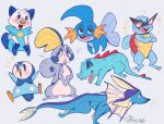  0bluerm0 bird blue_background blue_theme crocodile crocodilian flying_sweatdrops highres lizard mudkip no_humans oshawott otter penguin piplup pokemon pokemon_(creature) pokemon_focus signature simple_background sobble squirtle squirtle_squad sunglasses totodile vaporeon water_gun_(pokemon) 