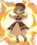  1girl artist_logo boots brown_boots brown_capelet brown_eyes brown_hat brown_jacket capelet double_v explosion explosion_background expressionless food-themed_hair_ornament green_hair hair_ornament hat highres jacket jitome kitagawa_suigetsu logo looking_at_viewer mushroom_hair_ornament original pointy_ears purple_sash sash shirt sienit_(kitagawa_suigetsu) skirt socks solo v white_shirt white_skirt white_socks 