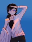  1girl absurdres arm_up black_hair black_pants black_undershirt blue_background blue_eyes blush breasts buttons chainsaw_man closed_mouth commentary english_commentary glasses hand_in_own_hair highres jacket low_twintails medium_breasts mitaka_asa open_clothes open_jacket pants shirt solo sunglasses sweatdrop twintails vextert1 white_shirt 