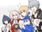  ! 1boy 3girls ahoge armor artoria_pendragon_(fate) black_hair blonde_hair blue_dress blue_eyes bubble_tea commentary_request dress drinking_straw eating emotionless_sex fate/stay_night fate_(series) fingerless_gloves food gloves green_eyes grey_hair honkai:_star_rail honkai_(series) march_7th_(honkai:_star_rail) march_7th_(hunt)_(honkai:_star_rail) multiple_girls orange_eyes pauldrons phainon_(honkai:_star_rail) pink_eyes pink_hair red_nails saber_(fate) saber_(honkai:_star_rail)_(fate) sekken88 shoulder_armor single_pauldron sparkling_eyes steamed_bun weapon_connection yunli_(honkai:_star_rail) 