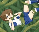  brown_hair earth_eleven inazuma_eleven_(series) inazuma_eleven_go inazuma_eleven_go_galaxy lightning_bolt male_focus matsukaze_tenma open_mouth petagon plant soccer_uniform solo sportswear tentacles tentacles_with_male upper_body vines wince 
