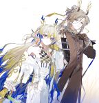  1boy 1girl arknights bead_bracelet beads blonde_hair blue_hair bracelet brother_and_sister brown_eyes brown_hair brown_hands colored_extremities cowboy dragon_horns gradient_hair green_eyes grey_hair highres holding holding_sword holding_weapon horns jacket jewelry ji_(arknights) looking_at_viewer mole mole_under_eye motoharu_(motoharuuuu) multicolored_hair necklace off_shoulder pants pointy_ears shu_(arknights) siblings simple_background smile strapless streaked_hair sword tube_top weapon white_background white_jacket white_pants white_tube_top yellow_hands 