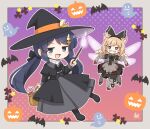  2girls ahoge alice_(kitagawa_suigetsu) apron artist_logo bandages basket black_boots black_bow black_bowtie black_capelet black_dress black_hairband black_hat black_jacket black_shoes blonde_hair blue_eyes blue_hair blush_stickers boots bow bow_hairband bowtie brown_eyes capelet clenched_teeth commentary crescent crescent_hat_ornament dress fairy fairy_wings gradient_background grey_apron grey_skirt hair_bow hairband halloween hat hat_ornament highres holding holding_basket holding_stick jacket jitome kitagawa_suigetsu kitagawa_suigetsu_(character) logo long_hair looking_at_viewer low_twintails multiple_girls open_mouth orange_background original pink_wings purple_background shoes skirt smile stick teeth torn_apron torn_clothes torn_dress twintails v-shaped_eyebrows wings witch_hat 
