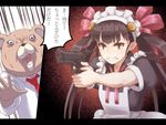  aiming apron artist_self-insert beretta_92 black_hair commentary crying crying_with_eyes_open gun handgun highres letterboxed maid_apron maid_headdress necktie noraico noraico_(artist) original red_eyes stuffed_animal stuffed_toy tears teddy_bear translated twintails weapon 