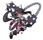  1girl ball_and_chain_(weapon) bare_shoulders black_boots black_hair boots borrowed_character bra chain character_request chibi closed_mouth colored_sclera colored_skin full_body grey_eyes grey_skin hair_between_eyes hand_wraps highres holding holding_chain muu_(mumumer) original panties red_bra red_panties red_sclera simple_background solo spiked_ball_and_chain underwear weapon white_background 